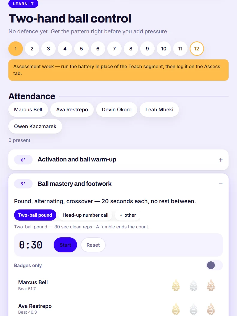 A Adelytics practice: week 1 of 12, attendance chips, a ball-mastery block open with a 30 second timer and badges beside each player.
